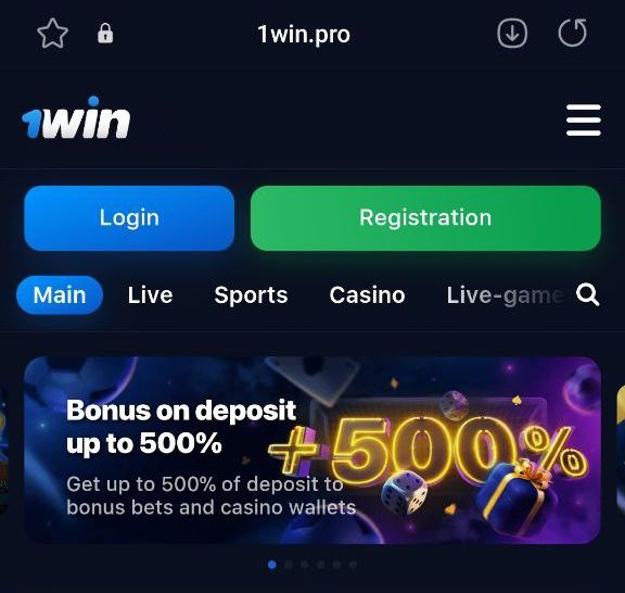 Main page of the mobile version of the 1Win website