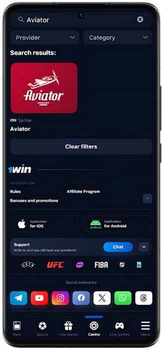 Screenshot of the Aviator game