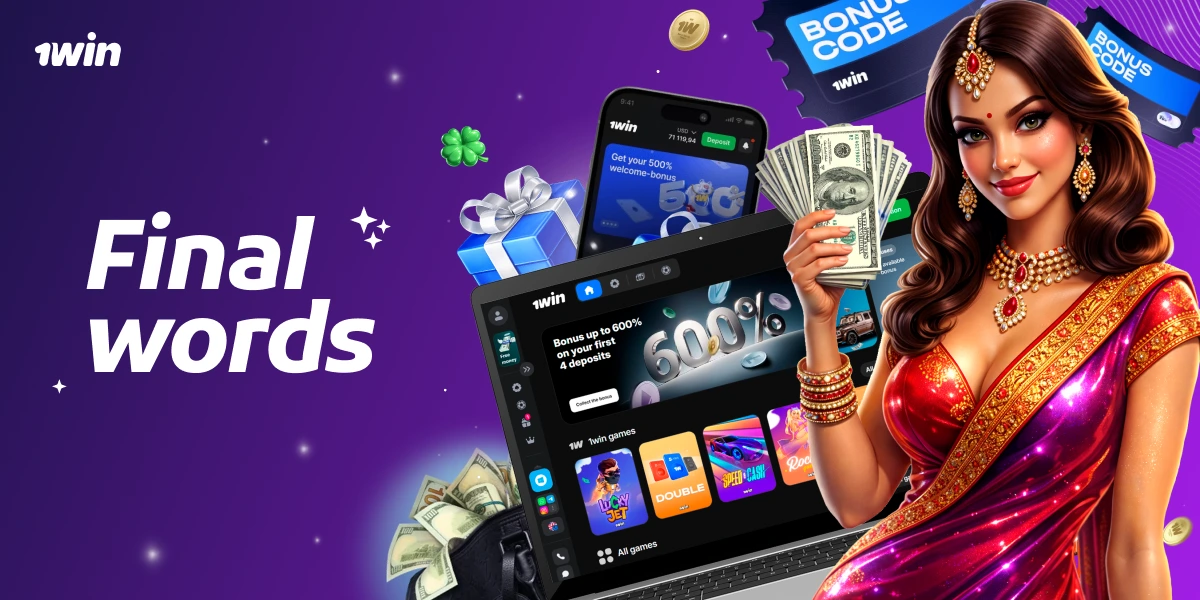 Final words banner with laptop and smartphone displaying 1win interface, female character, cash graphics and bonus icons