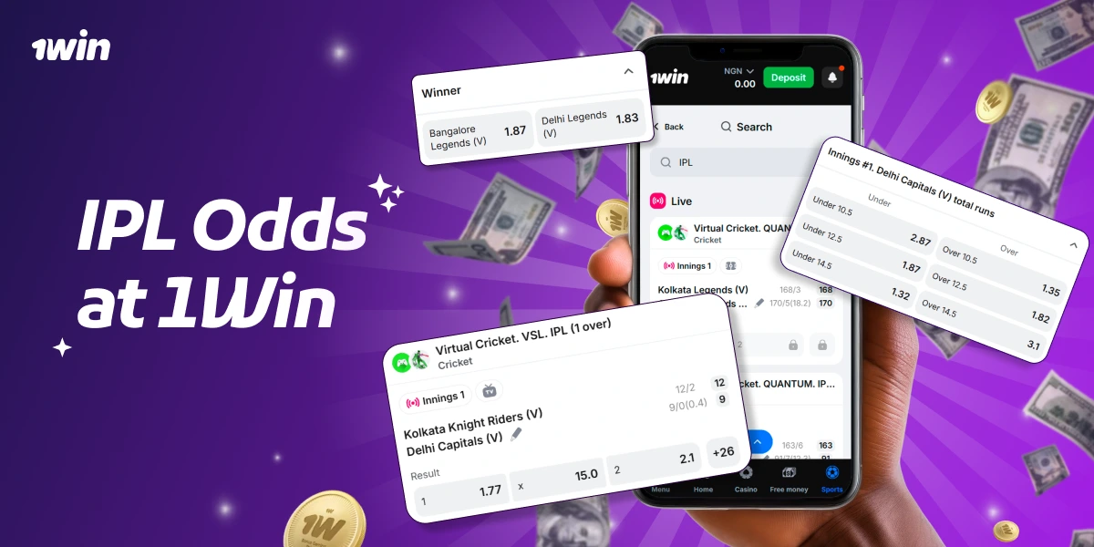 IPL Odds at 1Win banner with smartphone showing betting interface, floating odds cards and banknotes on purple background