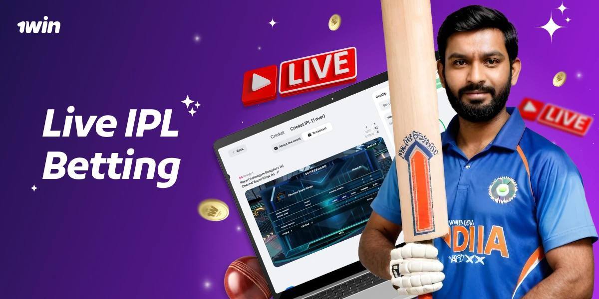 Live IPL Betting card with cricket player in India jersey, tablet showing live match interface and red LIVE icons