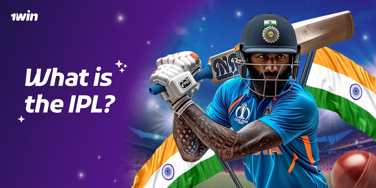 Cricket player in blue uniform holding a bat, India flag behind, What is the IPL text on purple 1win banner