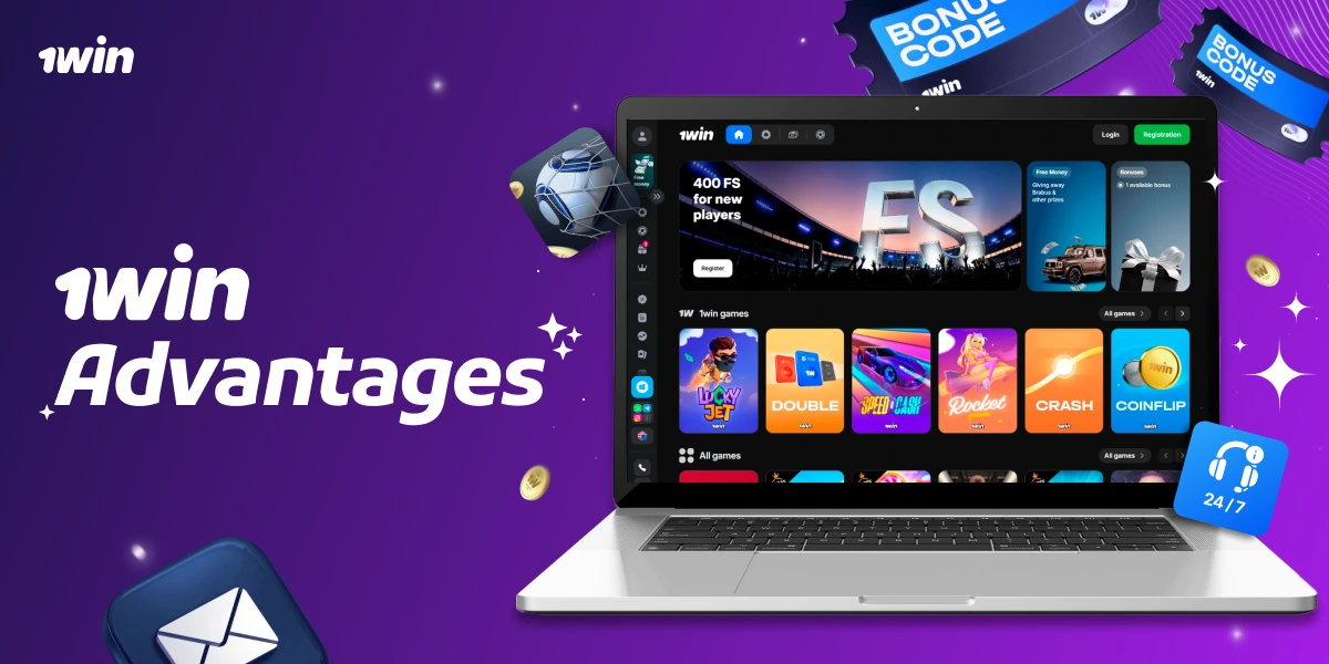 Laptop with 1win interface showing game icons, 1win Advantages text on purple background with bonus and casino online elements