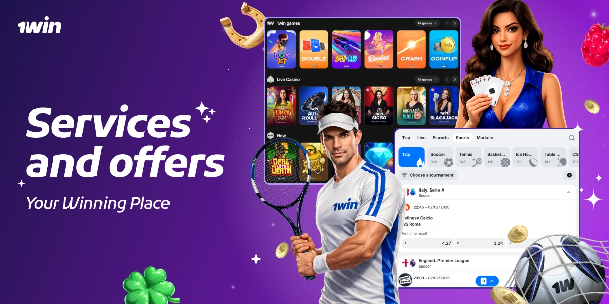 Services and offers banner with 1win interface showing games and betting sections, male tennis player with racket and female holding cards